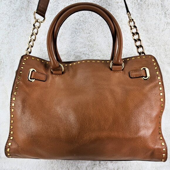 Michael Kors Hamilton Luggage Brown Pebble Leather Whipstitch Satchel Crossbody - Picture 4 of 13